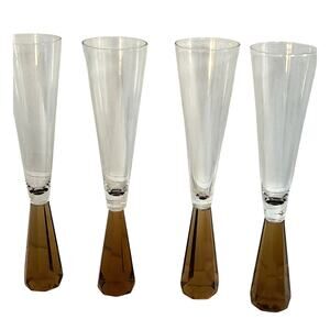 Artland Prescott Amber Champagne flute glasses 4 pc Faceted Weighted Bottom